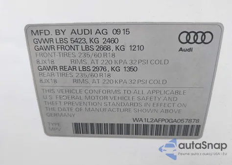 2016 Audi Q5 2.0T Premium z USA, uszkodzony, nr VIN WA1L2AFP0GA057878